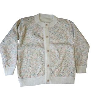 Cream‎ Speckled Knit Button Up Cardigan Pearl Buttons Cozy Academia